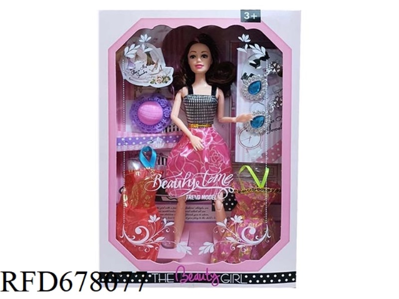 A 11.5-INCH SOLID 11-JOINT FASHION SHORT SKIRT BARBIE WEARS TWO SETS OF HALTER SKIRTS, A HAT AND EAR