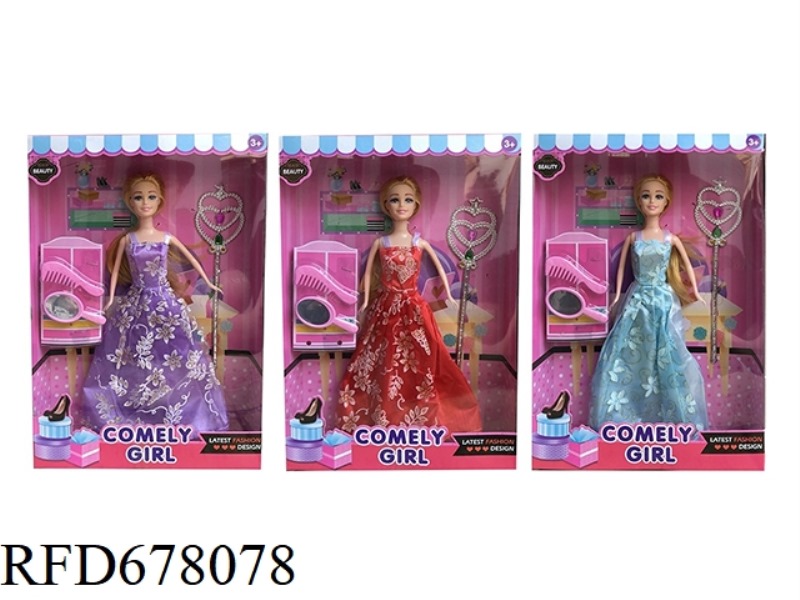 11.5-INCH LIFE-SIZED WEDDING DRESS WITH A LARGE SKIRT FEATURING BARBIE WITH A SCEPTER, COMB AND MIRR