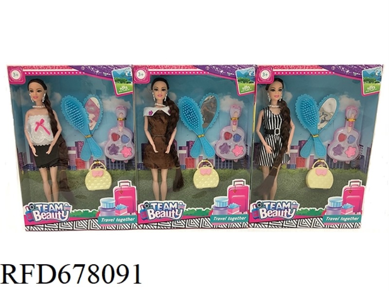 A 11.5-INCH SOLID 9-JOINT FASHION SHORT SKIRT BARBIE WITH EARRINGS, A NECKLACE, A COMB, A MIRROR AND
