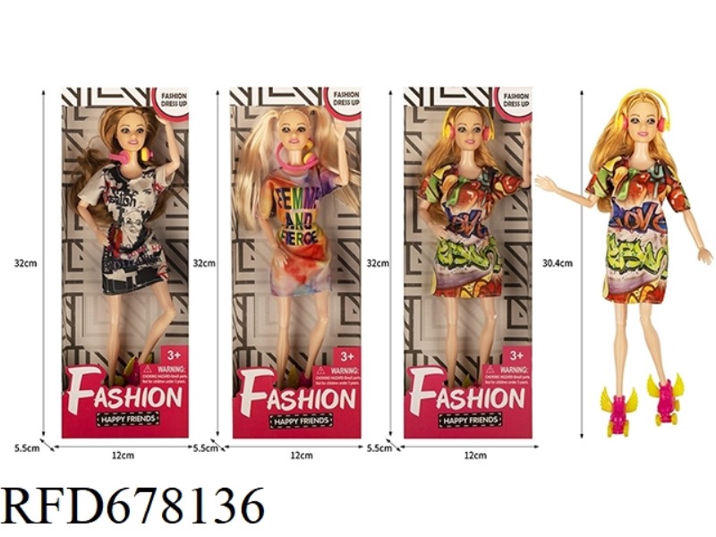 FASHION TREND SERIES: 11.5-INCH 12-JOINT SOLID TRENDY BARBIE 3 MIXED OUTFITS WITH HEADPHONES AND ROL
