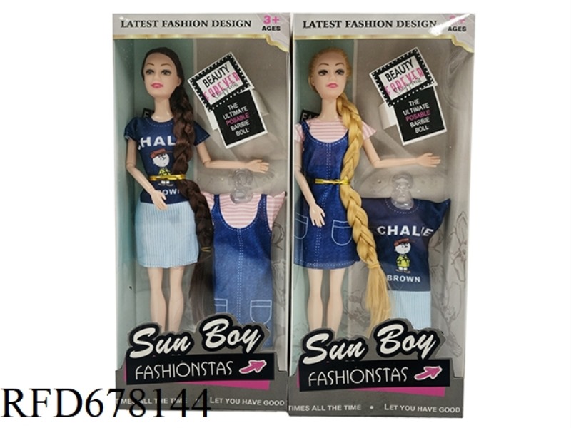 A MIX OF TWO 11.5-INCH, 9-JOINT, SOLID, FASHIONABLE LONG BRAIDED BARBIE WITH A FASHION DRESS