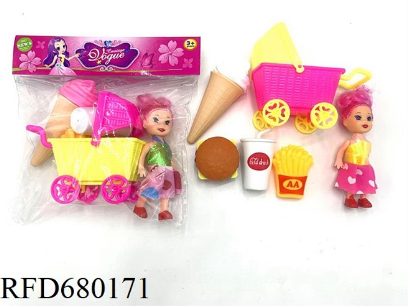 3.5 INCH BARBIE WITH CART, ICE CREAM, COKE, FRIES, HAMBURGER