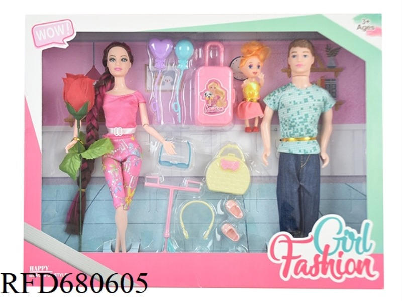 HIGH-END 11.5-INCH SOLID 11-JOINT COUPLE DOUBLE BARBIE WITH A 3-INCH CHILD, ROSES, AND VACUUM-FORMED