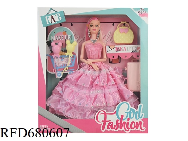 HIGH-END 11.5-INCH SOLID 9-JOINT WEDDING DRESS BARBIE WITH BALLOONS, SUITCASES, HANDBAGS, EARRINGS A