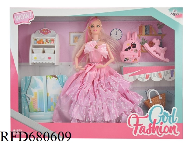 HIGH-END 11.5-INCH SOLID 9-JOINT WEDDING DRESS BARBIE WITH SCHOOLBAG, NECKLACE AND WOODEN HORSE ACCE