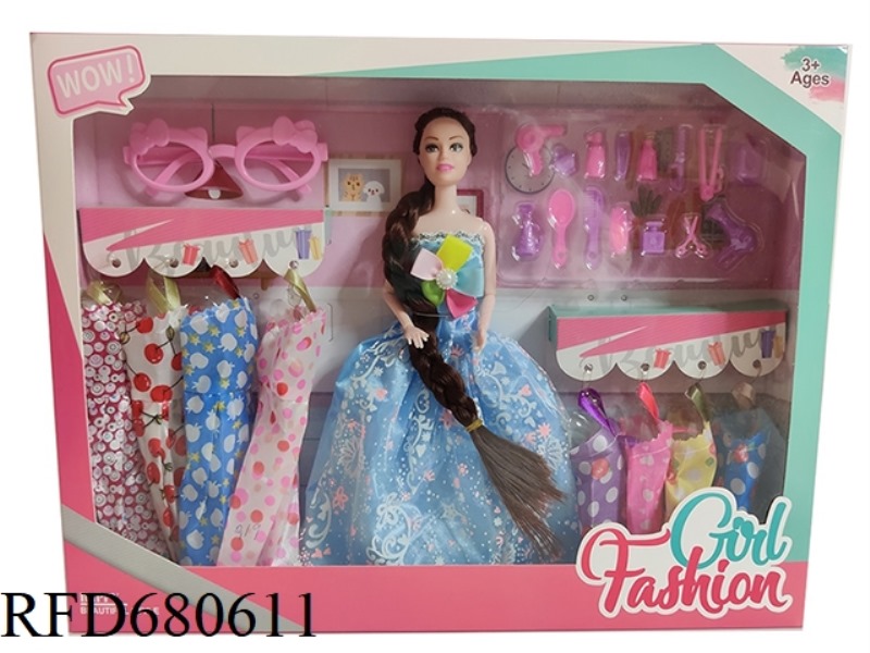 HIGH-END 11.5-INCH SOLID 9-JOINT WEDDING DRESS BARBIE WITH GLASSES, HANGING CLOTHES, COMB AND VACUUM