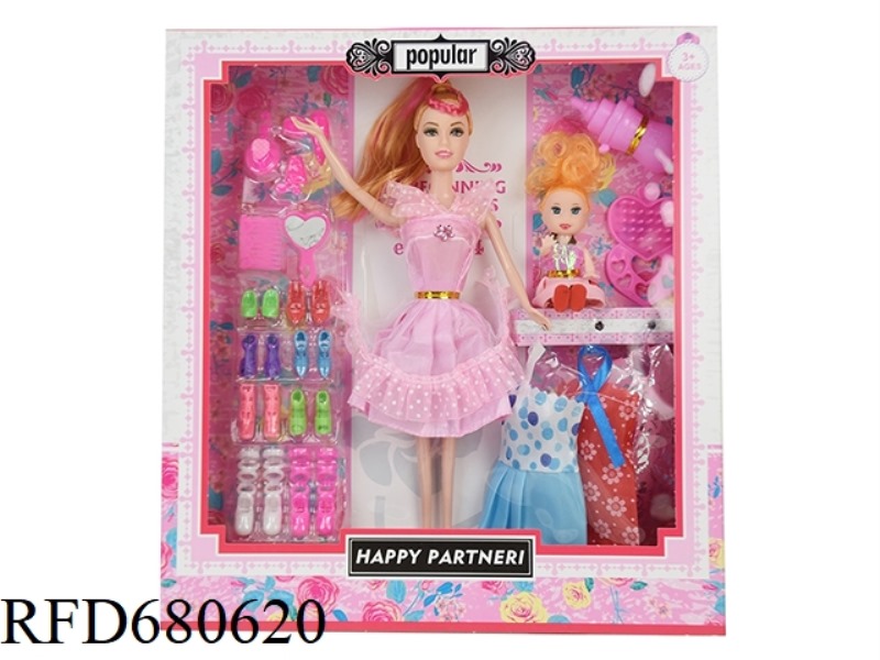 HIGH-END 11.5-INCH HANDS-ON FASHION SHORT SKIRT BARBIE WITH 3-INCH BABY, COMB, BABY BOTTLE, HANGING
