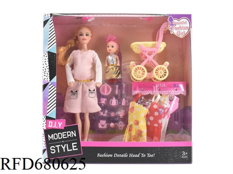 HIGH-END 11.5-INCH SOLID 9-JOINT FASHION DRESS, BARBIE WITH BABY STROLLER AND 3-INCH BABY BOX BABY A