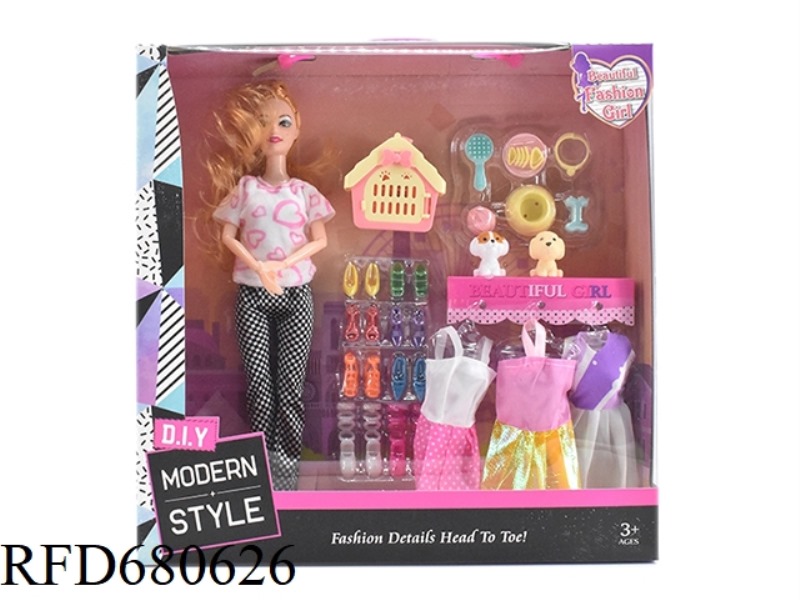 HIGH-END 11.5-INCH SOLID 9-JOINT FASHION DRESS BARBIE WITH DOG ACCESSORIES VACUUM-FORMED AND DOG CAG