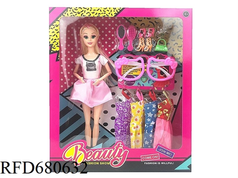 HIGH-END 11.5-INCH SOLID 9-JOINT FASHION DRESS, BARBIE WITH LARGE GLASSES, COMB GLASSES, SMALL BAG,