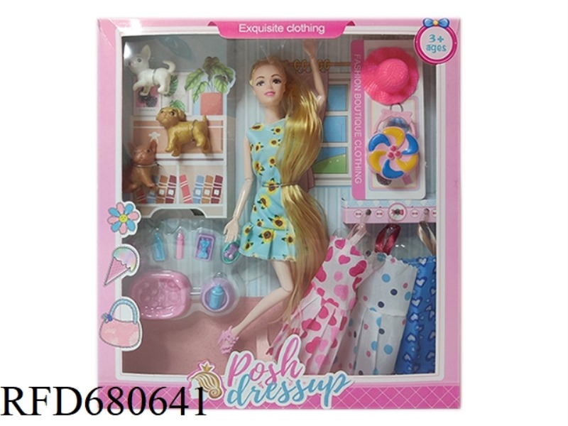 HIGH-END 11.5-INCH SOLID 12-JOINT FASHION DRESS, BARBIE WITH DOG ACCESSORIES, SMALL HAT, SMALL BAG,