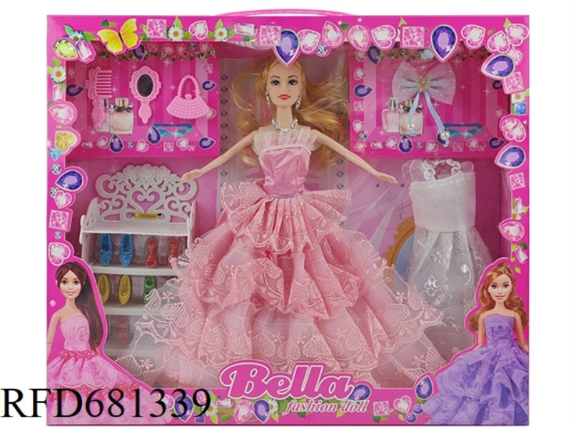 11-INCH LIFE-SIZED MOVABLE BARBIE DOLL, COMB MIRROR BAG, BOW SHOE CABINET AND HANGING CLOTHES