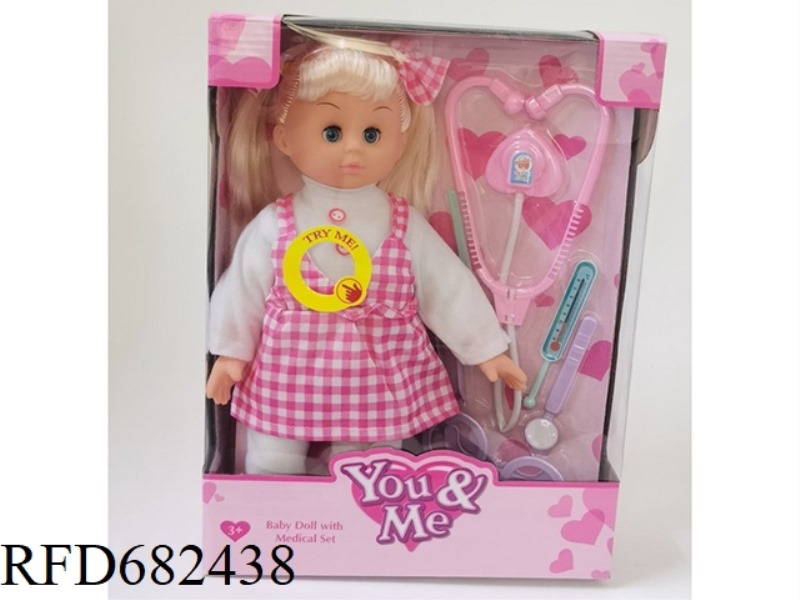 A 14-INCH BLINKING GIRL CAN SING AND USE MEDICAL DEVICES