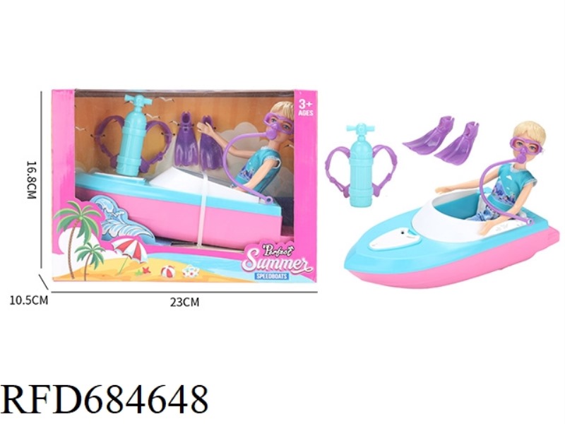 BEACH THEMED DOUBLE 9-INCH SOLID BODY BARBIE BOY WITH CANOE AND DOUBLE SPEEDBOAT DIVING EQUIPMENT SE