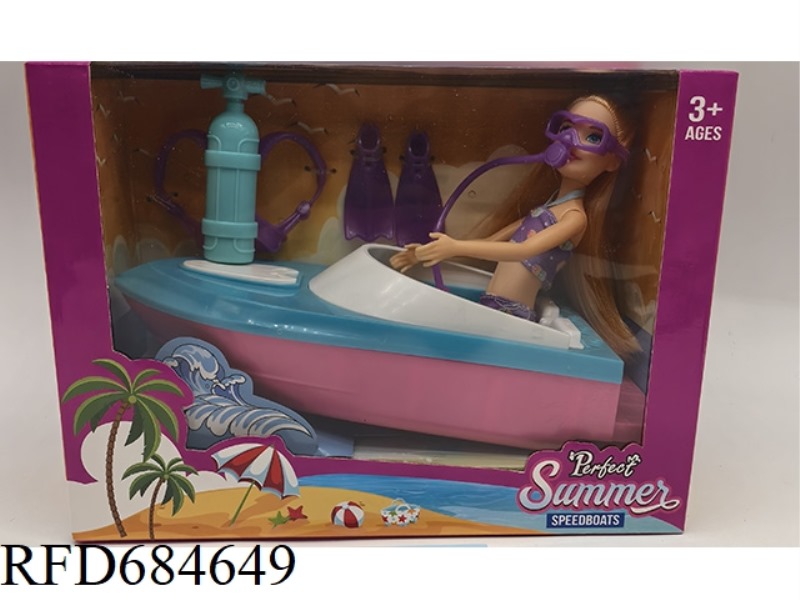 BEACH THEMED 9-INCH FULL-BODY BARBIE GIRL WITH DOUBLE SPEEDBOAT DIVING EQUIPMENT SET