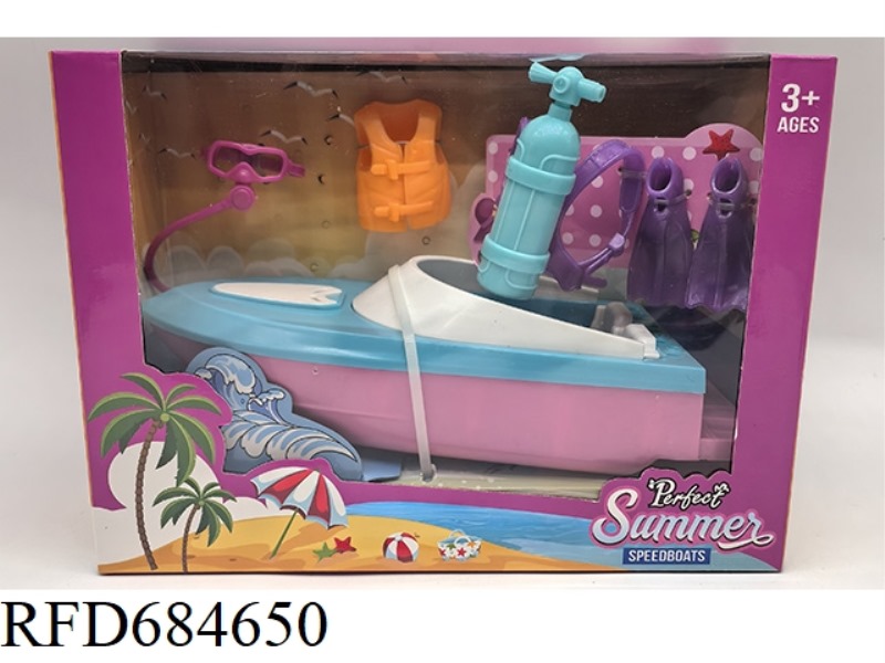 9-INCH AND 5-INCH UNIVERSAL BEACH-THEMED DOUBLE SPEEDBOAT WITH LIFE VEST DIVING EQUIPMENT SET