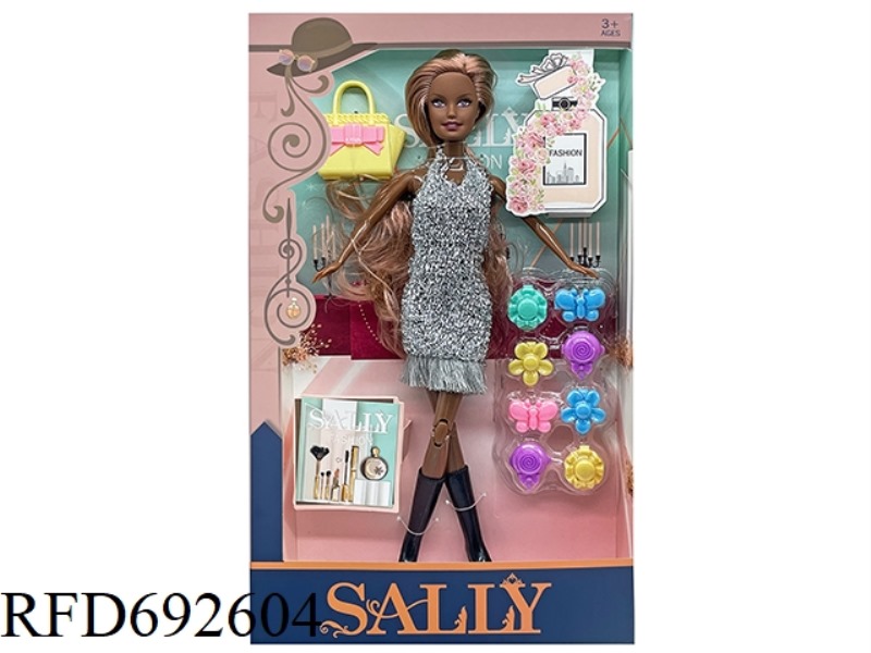 A 11-INCH SOLID AND CUTE BLACK GIRL DRESSED UP AS A BARBIE DOLL WITH BLISTER ACCESSORIES