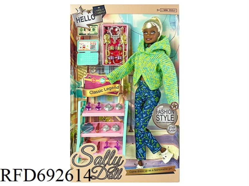 A 11-INCH SOLID AND CUTE BLACK GIRL DRESSED UP AS A BARBIE DOLL WITH ACCESSORIES