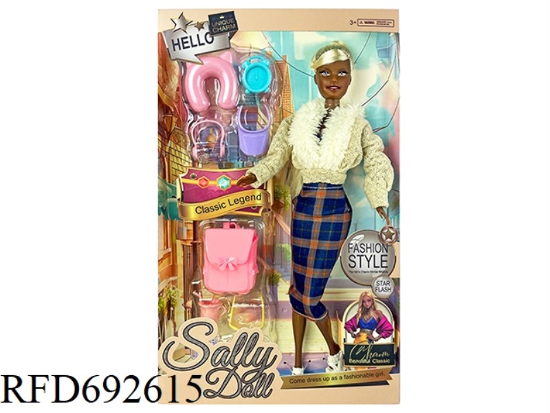 A 11-INCH SOLID AND CUTE BLACK GIRL DRESSED UP AS A BARBIE DOLL WITH BLISTER ACCESSORIES
