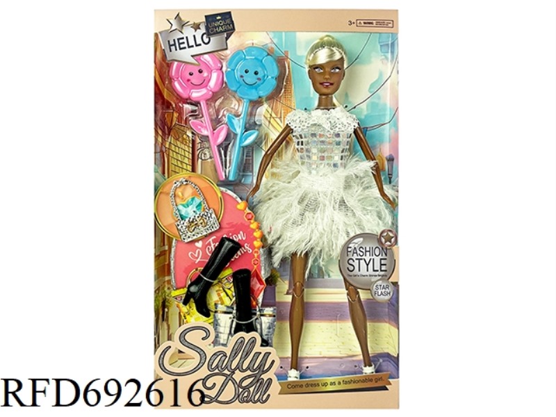 A 11-INCH SOLID AND CUTE BLACK GIRL DRESSED UP AS A BARBIE DOLL WITH BLISTER ACCESSORIES