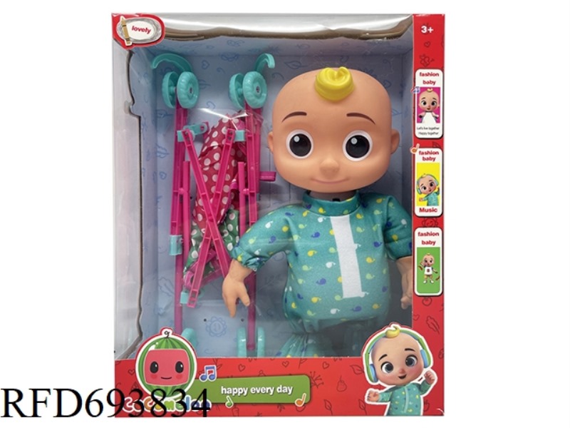 THE 22-INCH SOLID ELECTRIC COCOMELON FEATURES THE PROTAGONIST WITH A LARGE TROLLEY