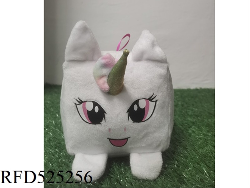 15CM PLUSH CUBE UNICORN RATTLE WHITE