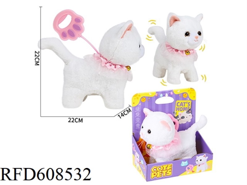 WHITE CAT WALKING ON A LEASH