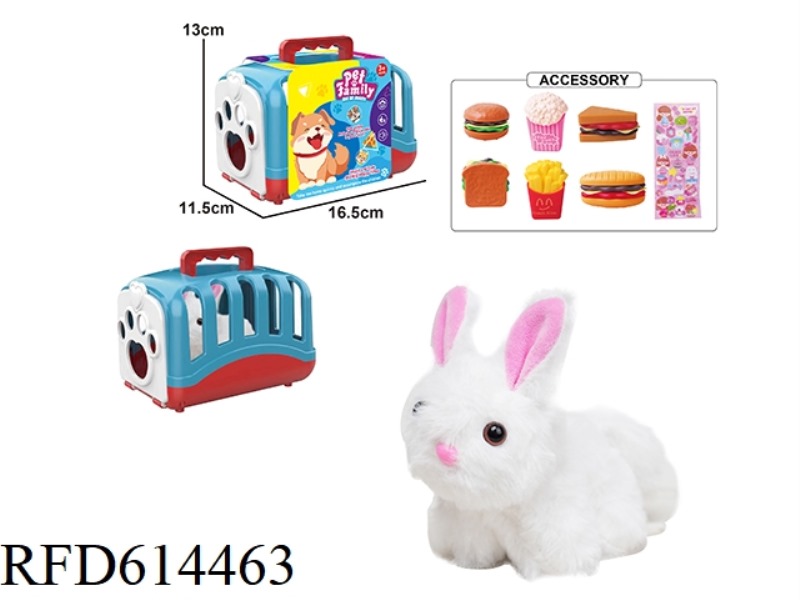 PLUSH STRING TAIL WAGGING ANIMAL - LONG HAIR RABBIT + CARRIER + SMALL ACCESSORIES, WITH BB RING