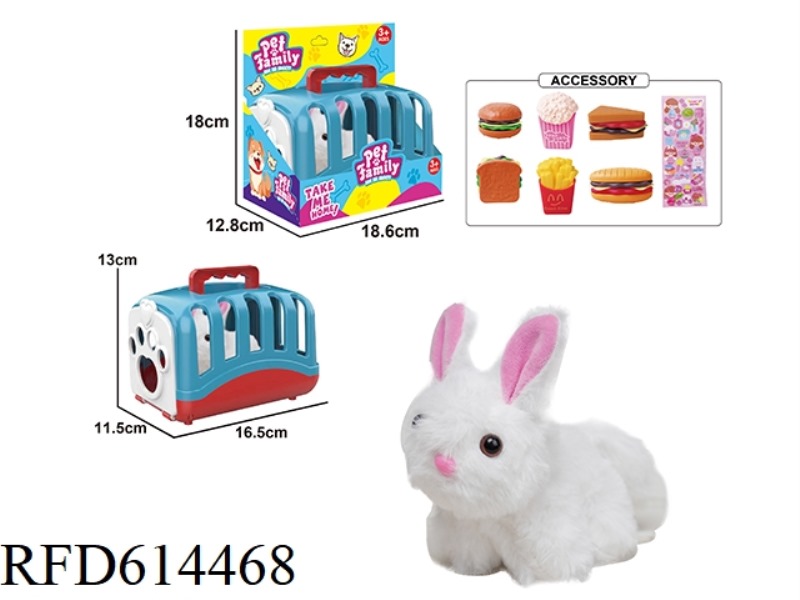 PLUSH STRING TAIL WAGGING ANIMAL - LONG HAIR RABBIT + CARRIER + SMALL ACCESSORIES, WITH BB RING