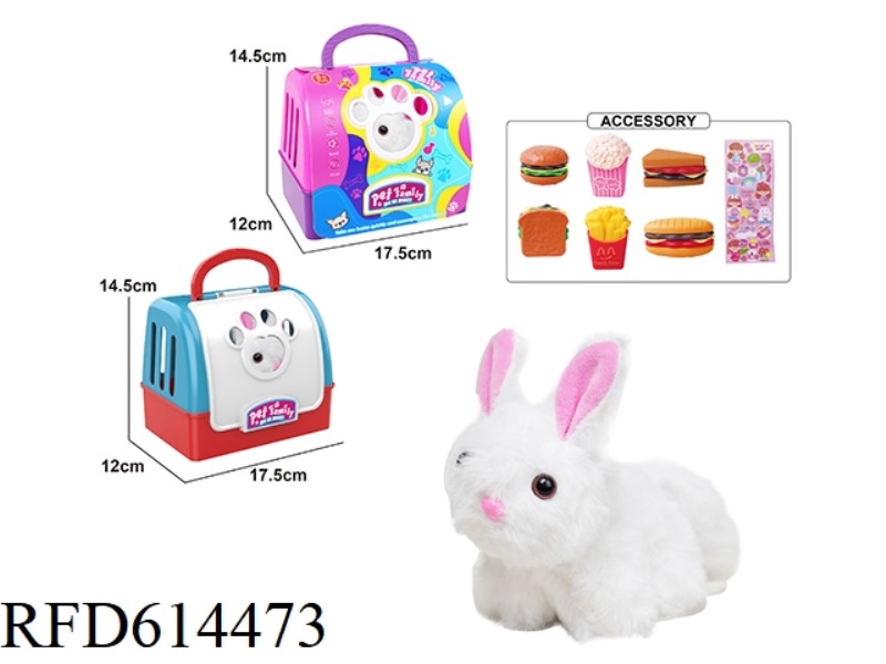PLUSH STRING TAIL WAGGING ANIMAL - LONG HAIR RABBIT + CARRIER + SMALL ACCESSORIES, WITH BB RING