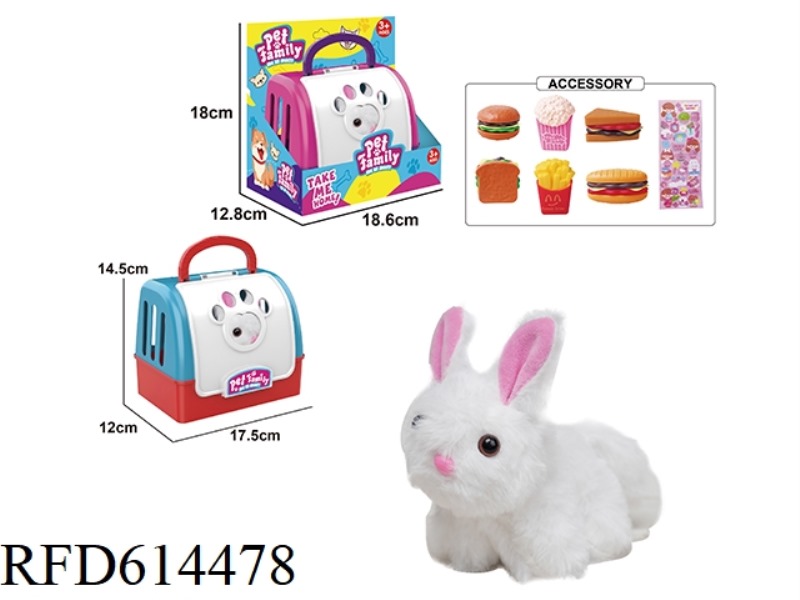 PLUSH STRING TAIL WAGGING ANIMAL - LONG HAIR RABBIT + CARRIER + SMALL ACCESSORIES, WITH BB RING
