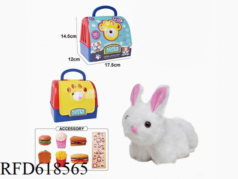 PLUSH TOY PET HOUSE PULL STRING TAIL WAGGING ANIMAL - LONG HAIR RABBIT, WITH BB RING + ACCESSORIES