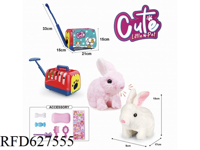 ELECTRIC PLUSH RED AND WHITE WALKING RABBIT+HAND PULL CAGE+JEWELRY
