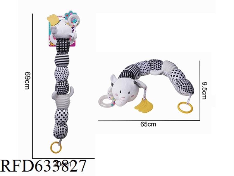 PLUSH BLACK AND WHITE ELEPHANT CATERPILLAR RINGING PAPER BELL TEETHING GUM SOOTHING TOY