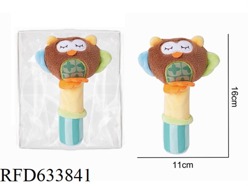 PLUSH OWL HOLDING BELL BB STICK BABY SOOTHING TOY