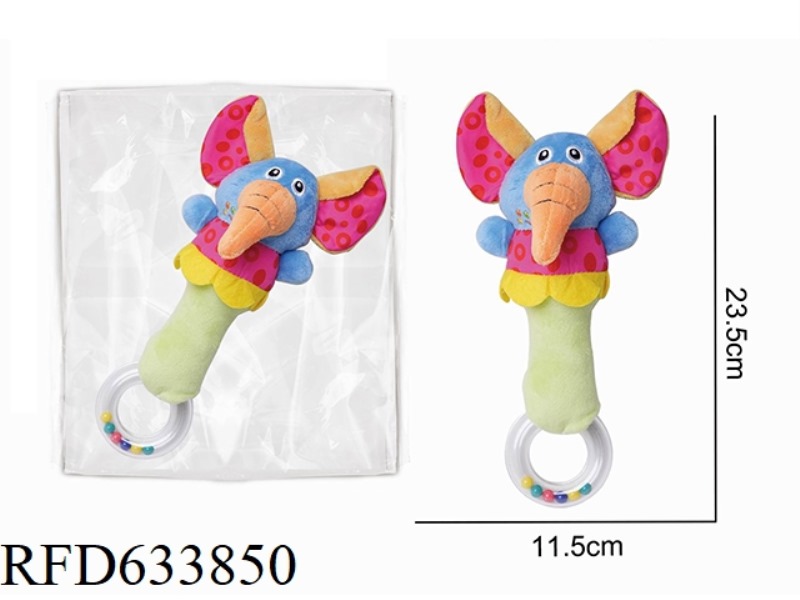 PLUSH COLORED ELEPHANT HOLDING BELL BB STICK BABY SOOTHING TOY