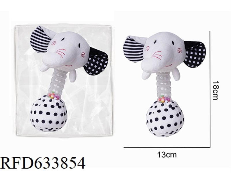 PLUSH BLACK AND WHITE ELEPHANT HOLDING BELL BB STICK BABY SOOTHING TOY