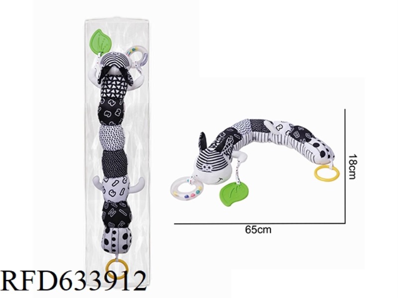 PLUSH BLACK AND WHITE DONKEY, CATERPILLAR, PAPER, RINGING BELL, TEETHING GUM, SOOTHING TOY