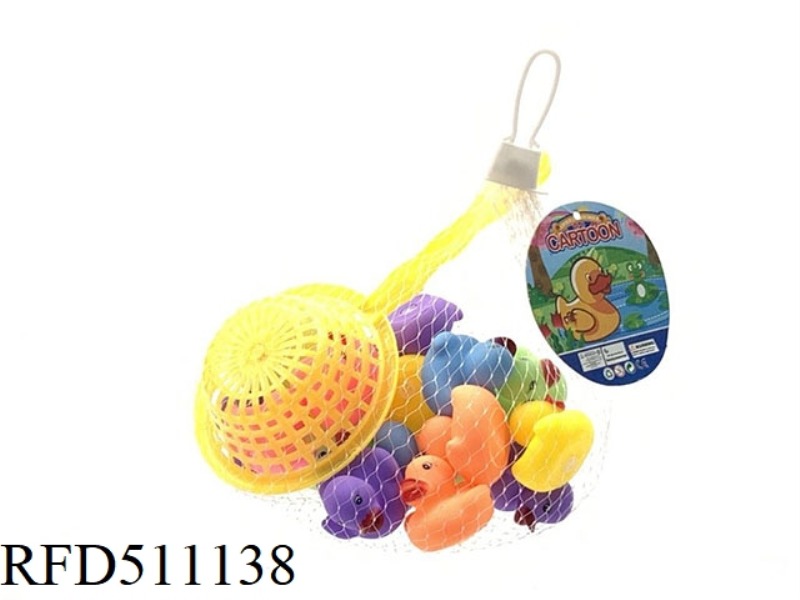 RUBBER PLAYING WATER SIX COLOR DUCKLING 24PCS FISHING NET