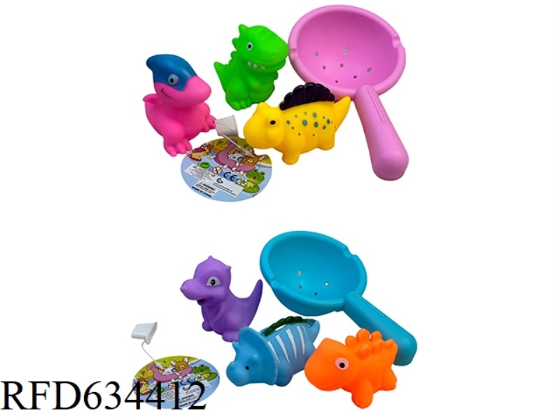 PLAYING IN THE BATHROOM WITH RUBBER COATED DINOSAUR AND FISH FISHING
