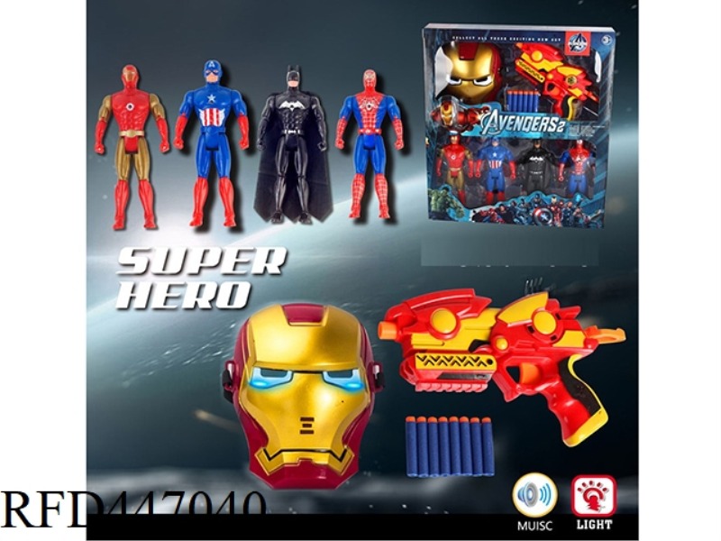 AVENGER ALLIANCE DOLL WITH IRON MAN LIGHT MUSIC MASK AND SOFT BULLET GUN