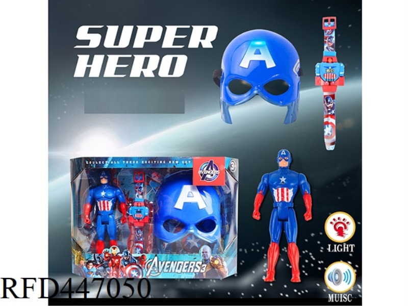 AMERICAN CAPTAIN DOLL WITH MUSIC, LIGHT MASK AND DEFORMATION WATCH