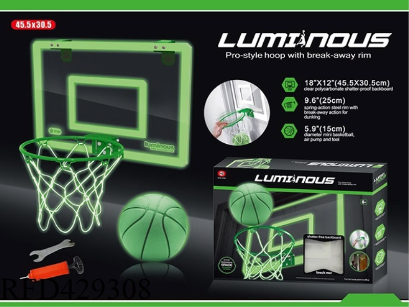 LUMINOUS SIMULATION TRANSPARENT DUNKABLE BASKETBALL SMALL (WITH NET, BASKETBALL AND PUMP)