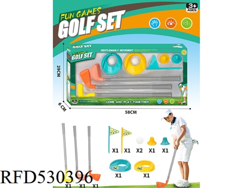 3 GOLF CLUBS + 2 SETS OF HOLE FLAG BALLS