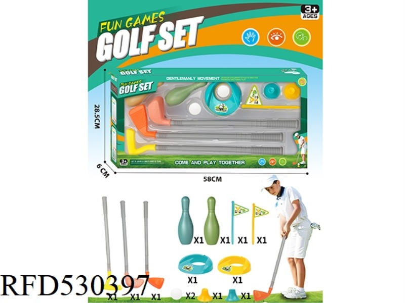 3 GOLF CLUBS + 2 SETS OF HOLE FLAG BALLS + 2 BOWLING BALLS