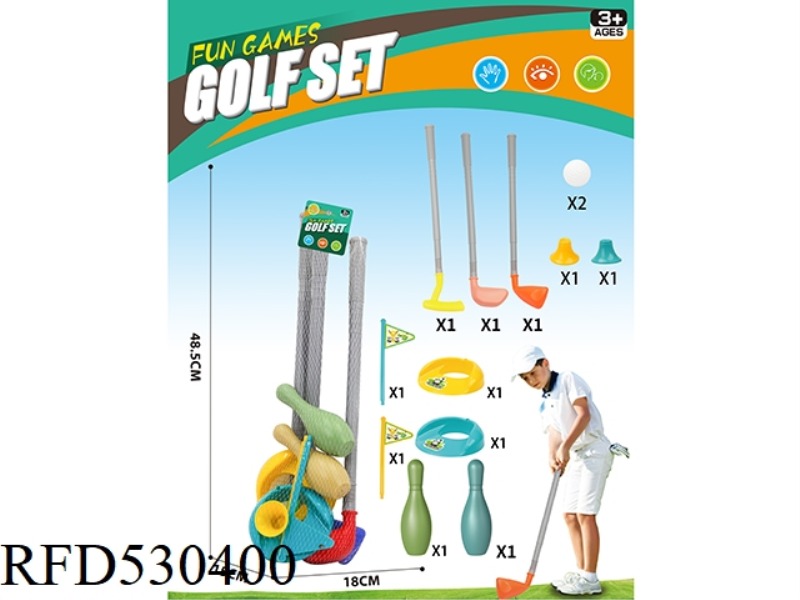 3 GOLF CLUBS + 2 SETS OF HOLE FLAG BALLS + 2 BOWLING BALLS
