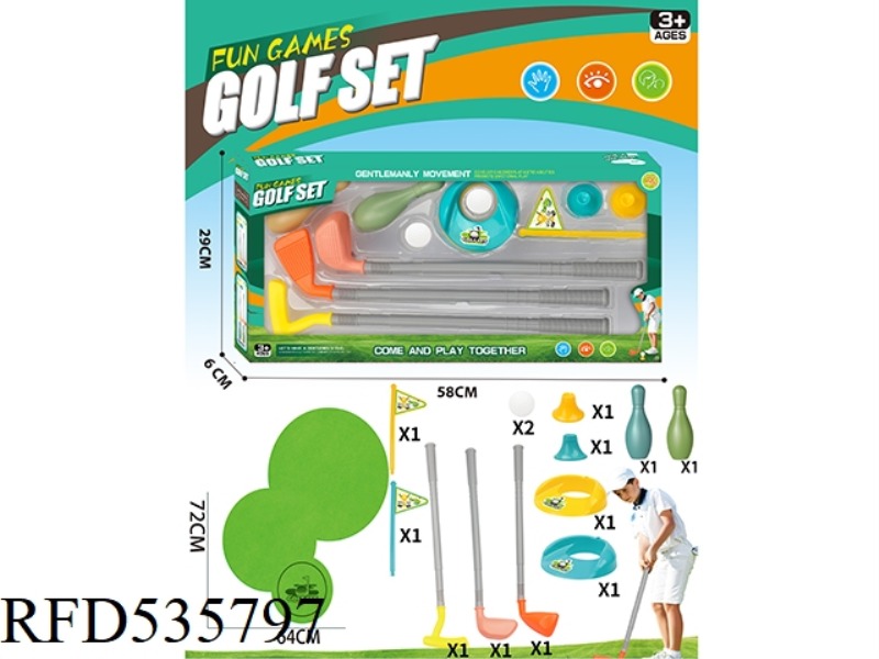 3 GOLF CLUBS + 2 SETS OF HOLE FLAG BALLS + 2 BOWLING BALLS + WITH A FIBER NON-WOVEN FABRIC 64X72CM