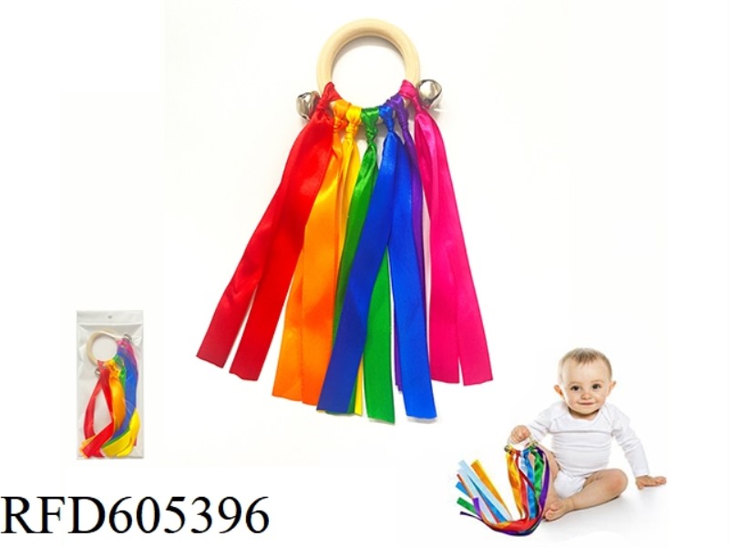 CHILDREN'S RAINBOW WOOD RING RIBBON BELL (RING)