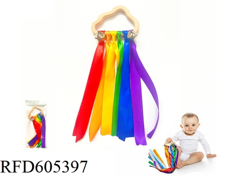 CHILDREN'S RAINBOW WOOD RING RIBBON BELL (CLOUDS)