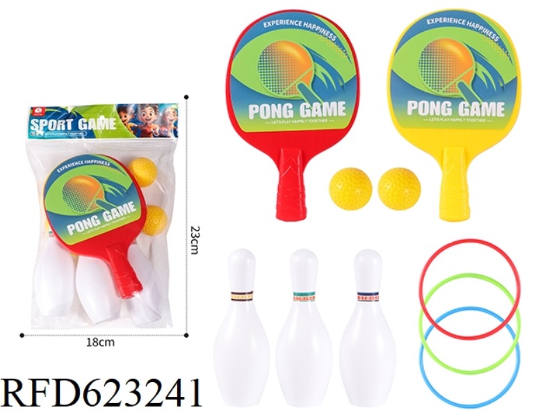 LARGE TABLE TENNIS RACKET WITH 2 BALLS + SMALL BOWLING BALL WITH COLLAR